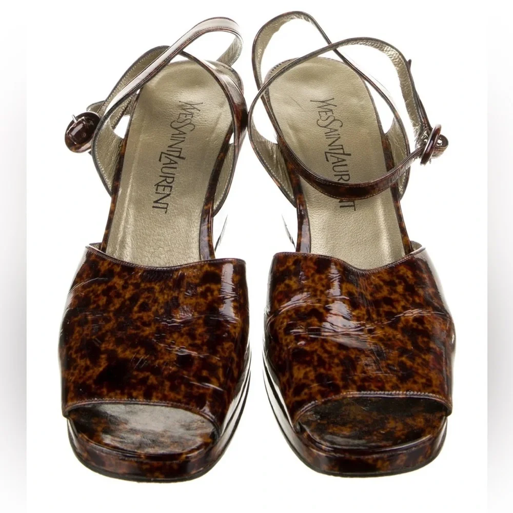 Yves Saint Laurent Vintage Y2K 90s Brown Patent Leather Animal Print Sandals 8.5